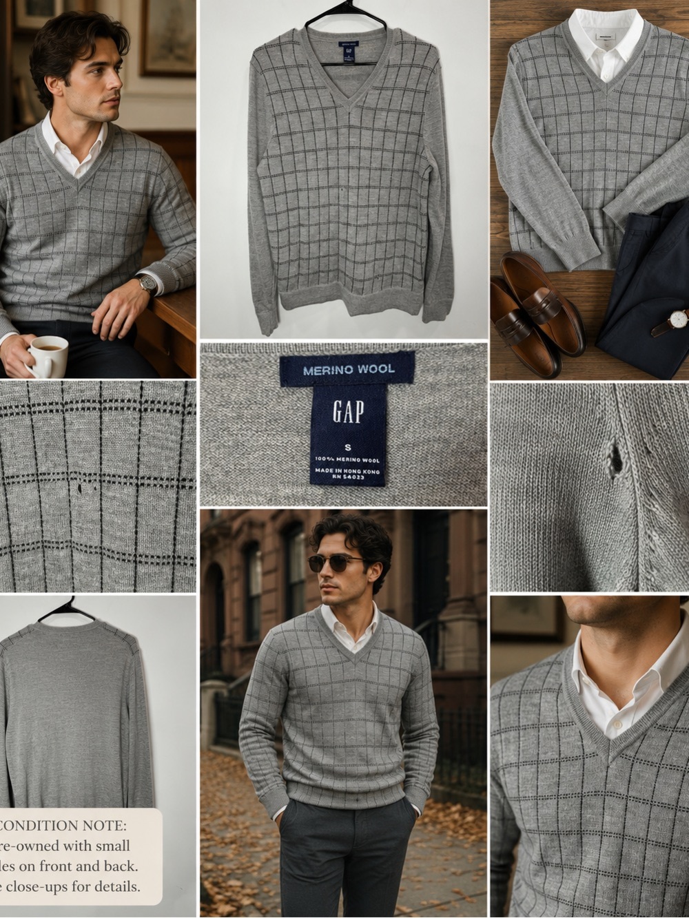 GAP Sweater Mens Small 100% Merino Wool V Neck Gray Windowpane Check Preppy Luxe